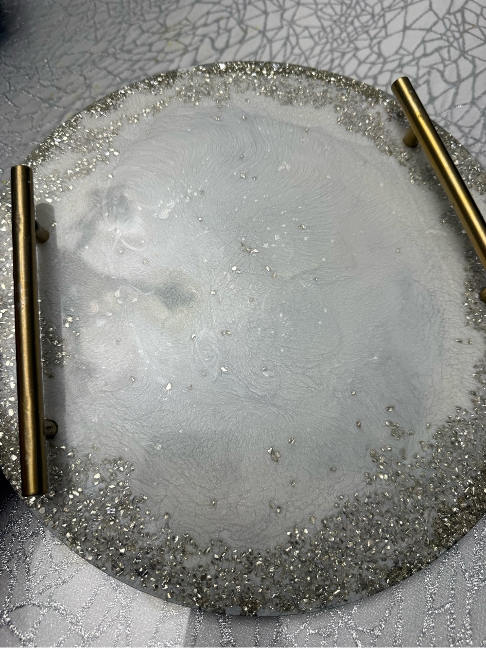 Round Silver Glitter Resin Serving Tray with Brass Handles - Picture 8 of 11